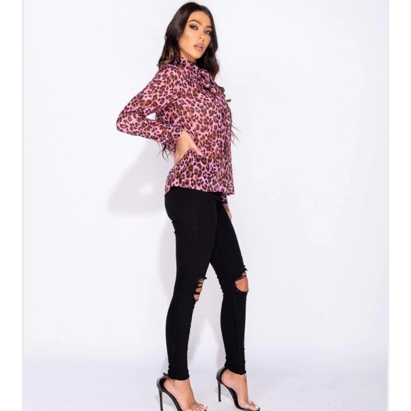 PINK & BLACK LEOPARD PRINT LONG SLEEVE BLOUSE WITH CAT BOW A LAVALLIERE - Picture 5 of 6